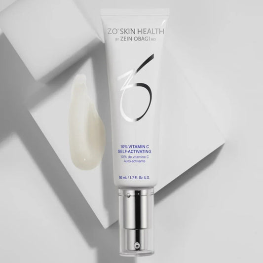 ZO Skin Health 10% Vitamin C Self-Activating cream tube with product swatch on white geometric background