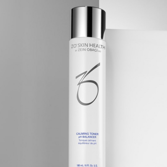 ZO Skin Health calming toner pH balancer bottle with silver cap on white and gray background