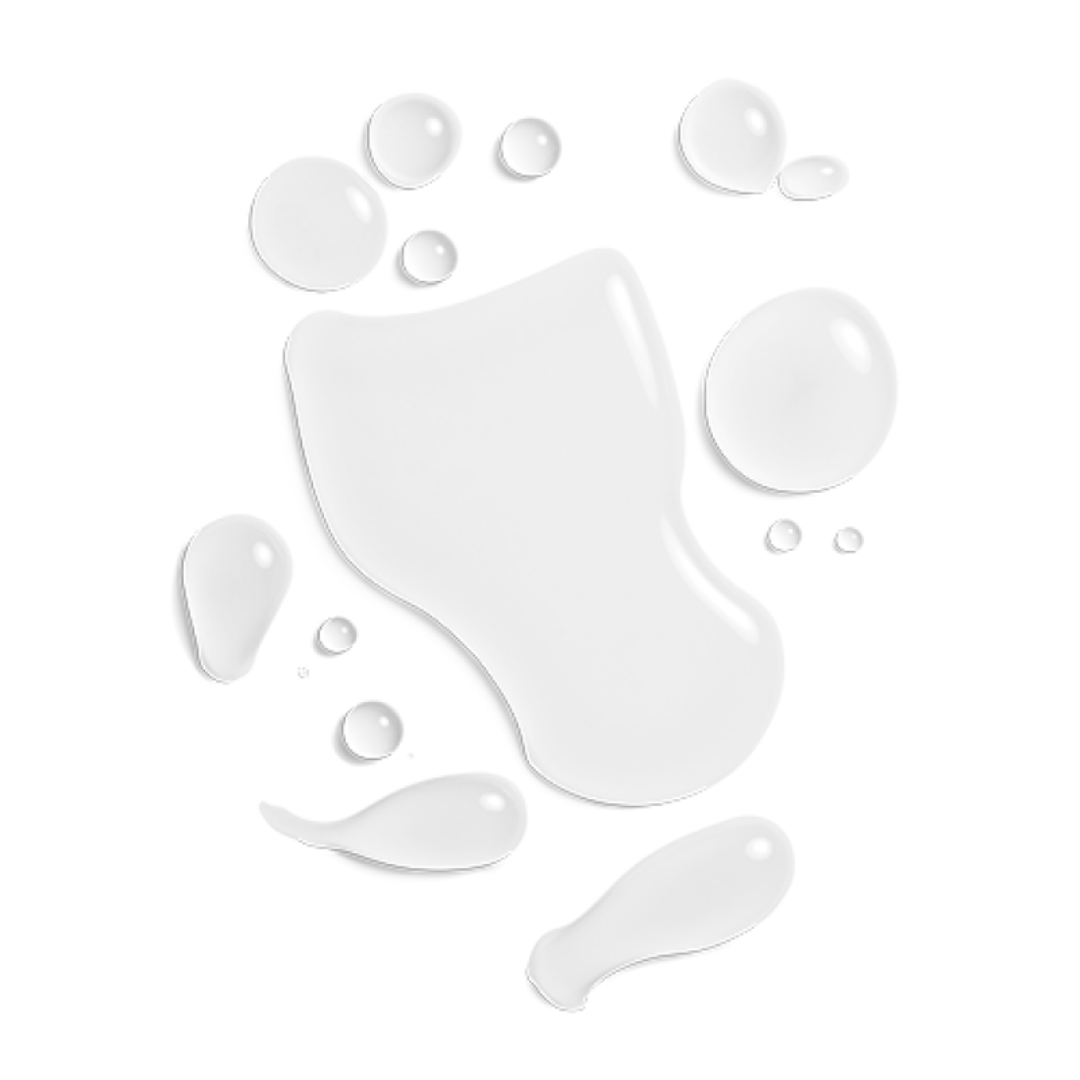 Clear, transparent liquid drops and splash on white background, skincare serum or toner texture