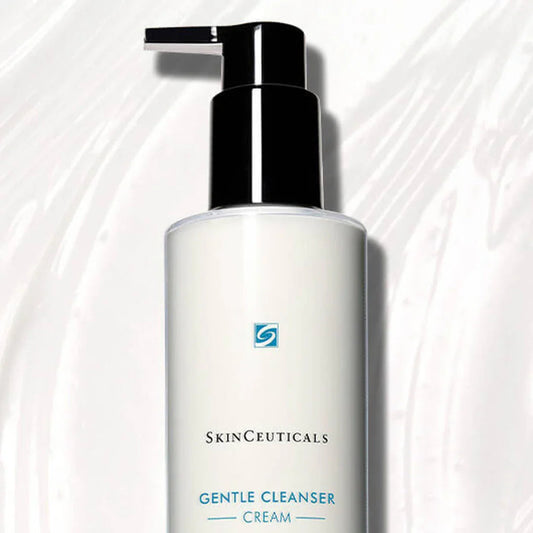 SkinCeuticals Gentle Cleanser Cream with black pump on white textured background