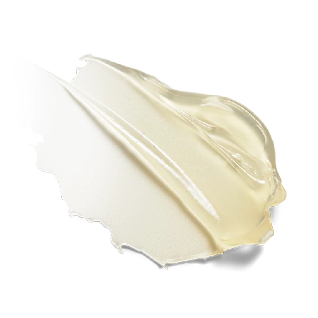 Swatch of translucent gel and creamy white serum texture on white background