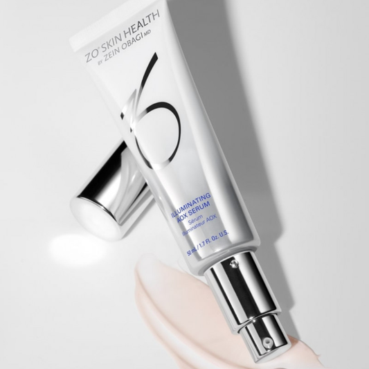 ZO Skin Health Illuminating AOX Serum tube with silver pump and cap on white background