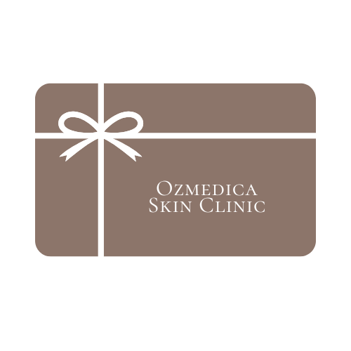 Ozmedica Skin Clinic gift card in brown with white ribbon and logo