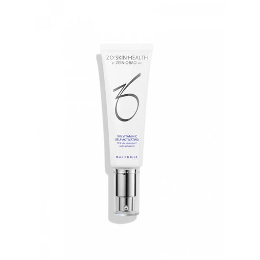 ZO Skin Health 10% Vitamin C Self-Activating serum tube with silver pump, white background