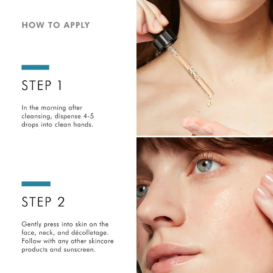 Skincare application steps showing a woman using a dropper to apply serum to face and neck