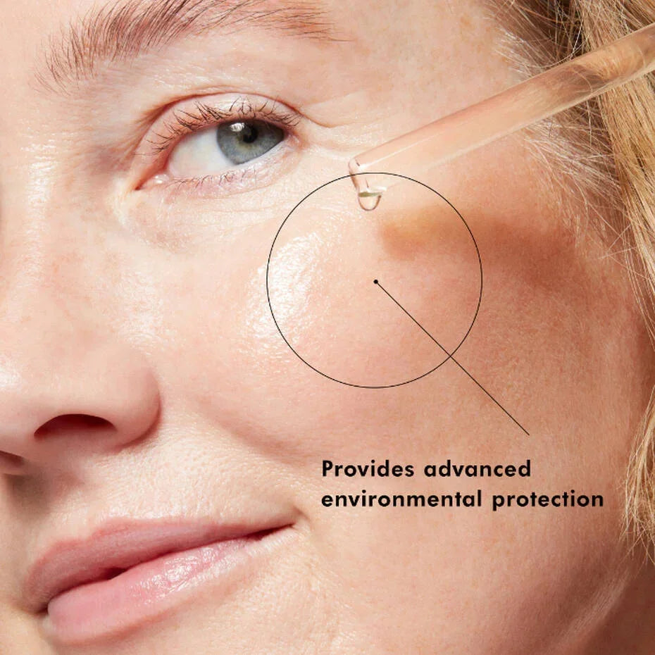 Close-up of woman applying facial serum with dropper for advanced environmental skin protection