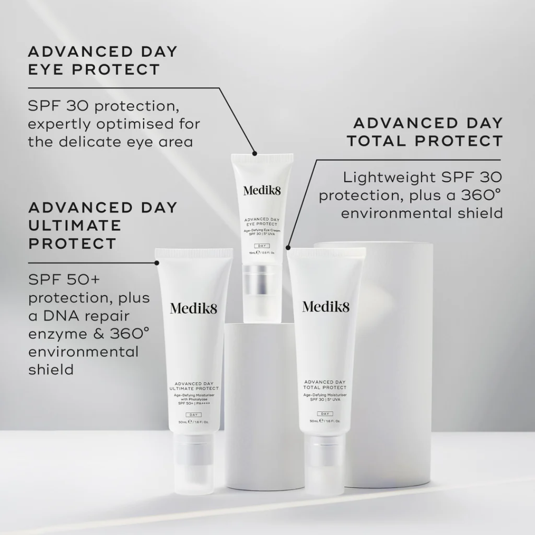 Medik8 SPF skincare trio featuring Advanced Day Eye Protect, Total Protect, and Ultimate Protect creams.