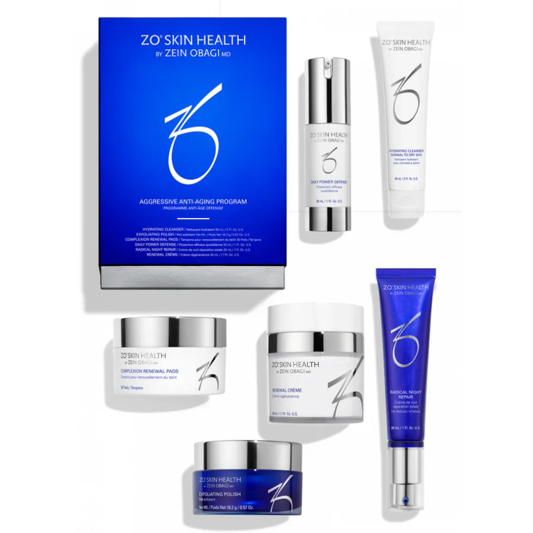 ZO Skin Health Aggressive Anti-Aging Program with hydrating cleanser, daily power defense, renewal pads, cream, exfoliating polish, and night repair