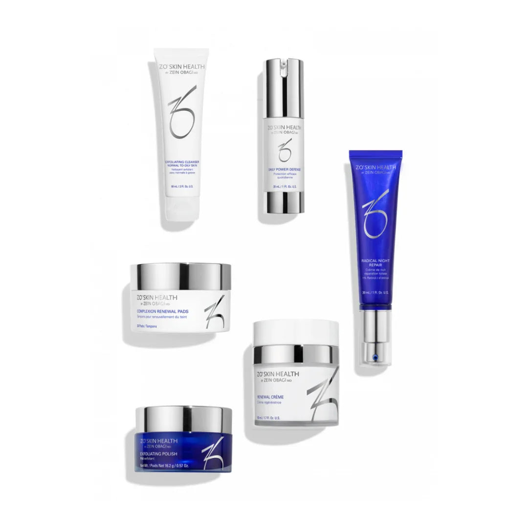 ZO Skin Health anti-ageing skincare set with exfoliating cleanser, night repair, renewal cream, polish, pads, and daily defense