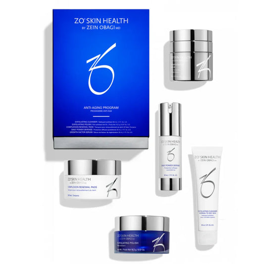 ZO Skin Health anti-aging skincare set with cleanser, exfoliating polish, renewal pads, daily defense, and growth serum