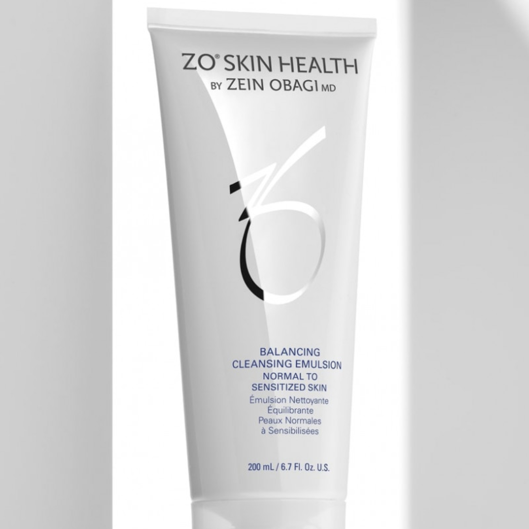 ZO Skin Health Balancing Cleansing Emulsion tube for normal to sensitized skin in minimalist lighting