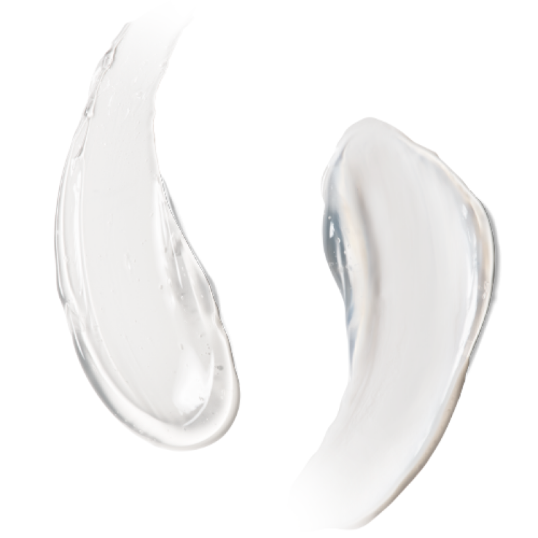 Two swatches of clear and white cleansing emulsion textures on white background