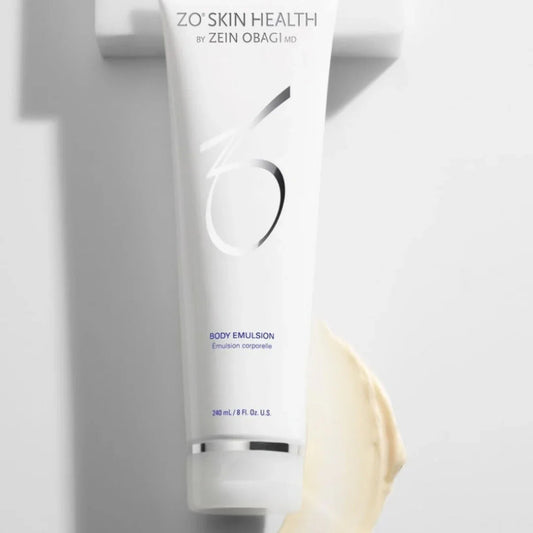 ZO Skin Health Body Emulsion tube with cream smear on white background, 240ml moisturizing lotion