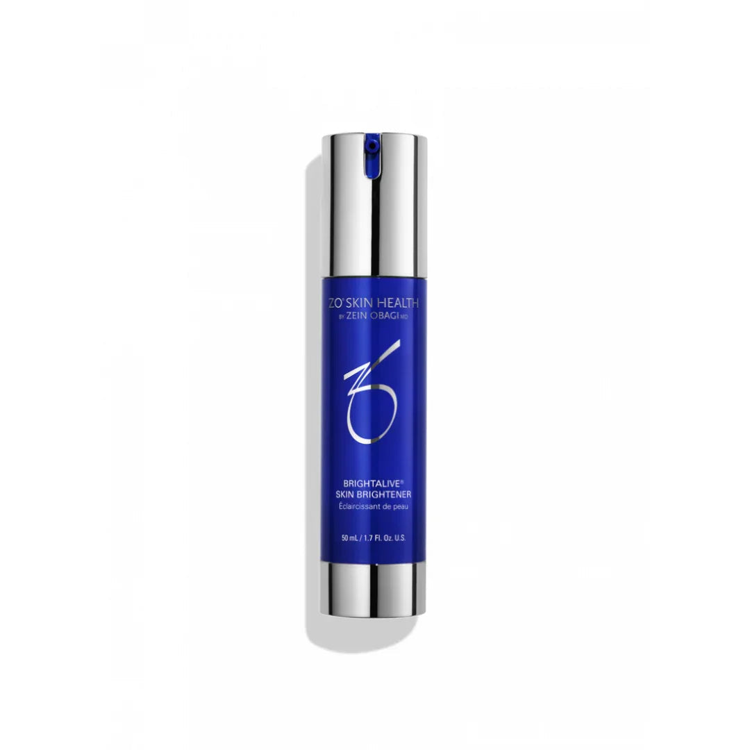 ZO Skin Health Brightalive Skin Brightener serum bottle with silver cap on white background