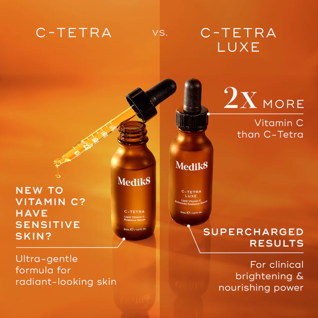 Medik8 C-Tetra and C-Tetra Luxe vitamin C serums with droppers on orange background, highlighting formula benefits for radiant skin and sensitive skin care.