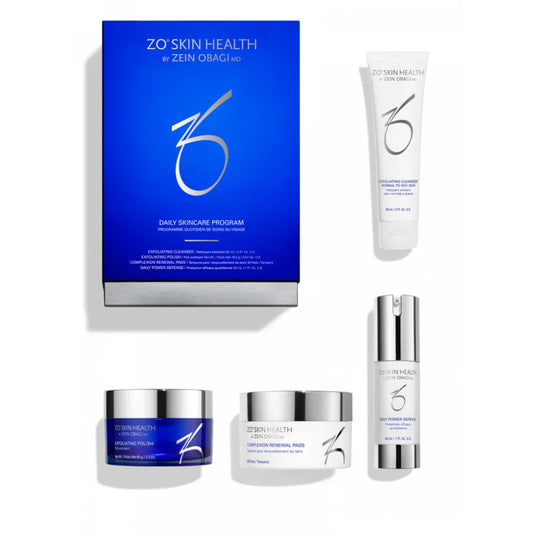 ZO Skin Health daily skincare program with exfoliating cleanser, polish, renewal pads, and daily power defense