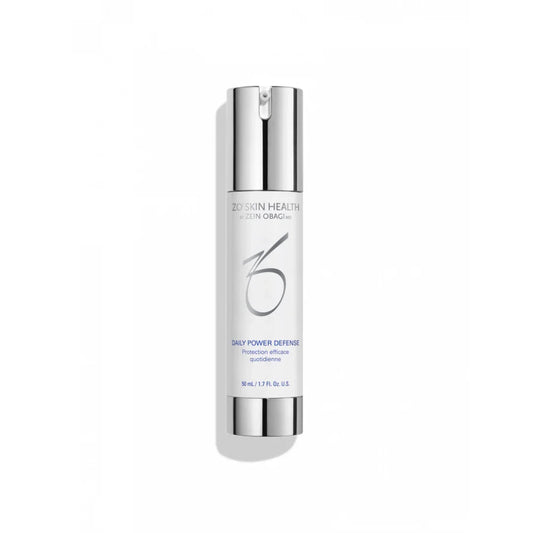 ZO Skin Health Daily Power Defense serum bottle with silver pump and white label