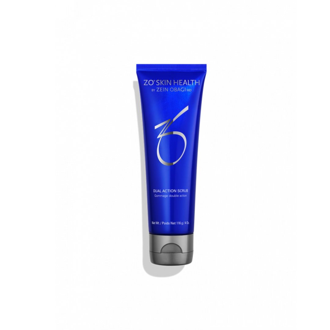 Blue tube of ZO Skin Health Dual Action Scrub by Zein Obagi MD on white background