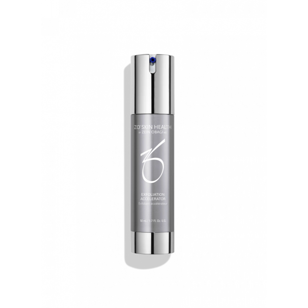 ZO Skin Health Exfoliation Accelerator skincare serum bottle with silver and gray design