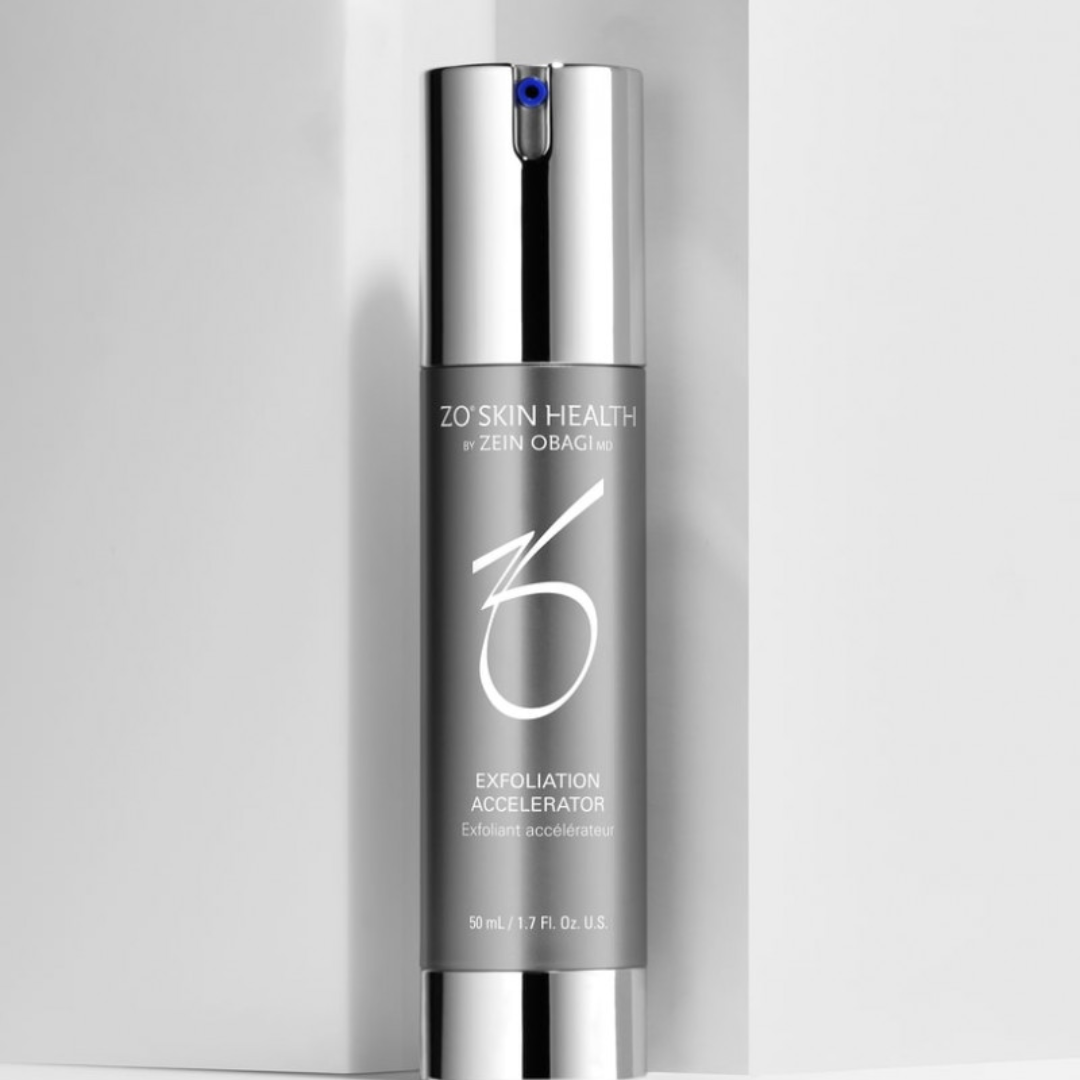 ZO Skin Health Exfoliation Accelerator face serum bottle with metallic silver pump on light background