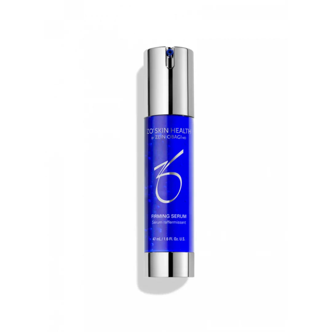 ZO Skin Health Firming Serum in blue and silver pump bottle on white background