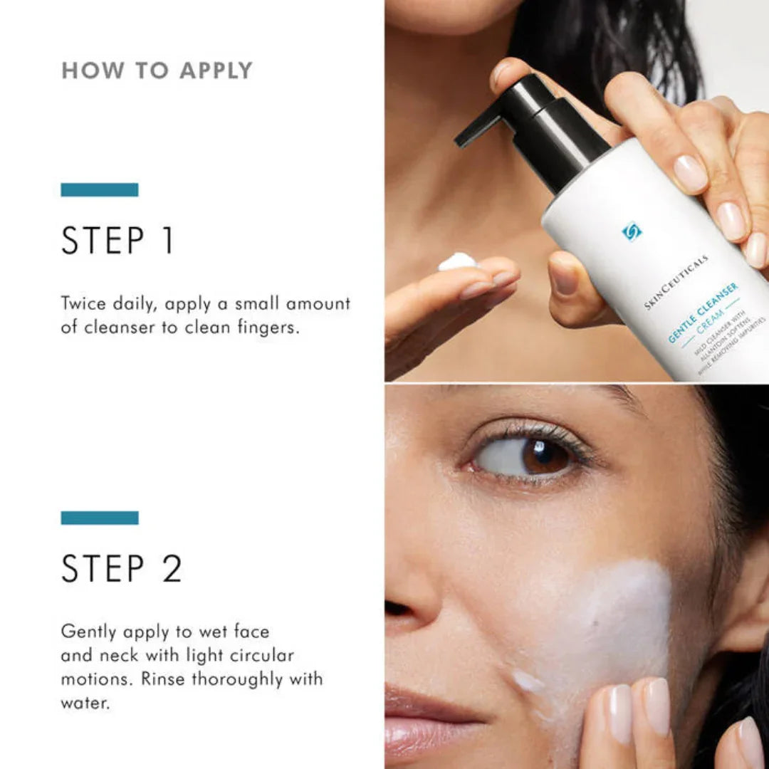 SkinCeuticals Gentle Cleanser Cream shown in pump bottle with application steps on face and fingers
