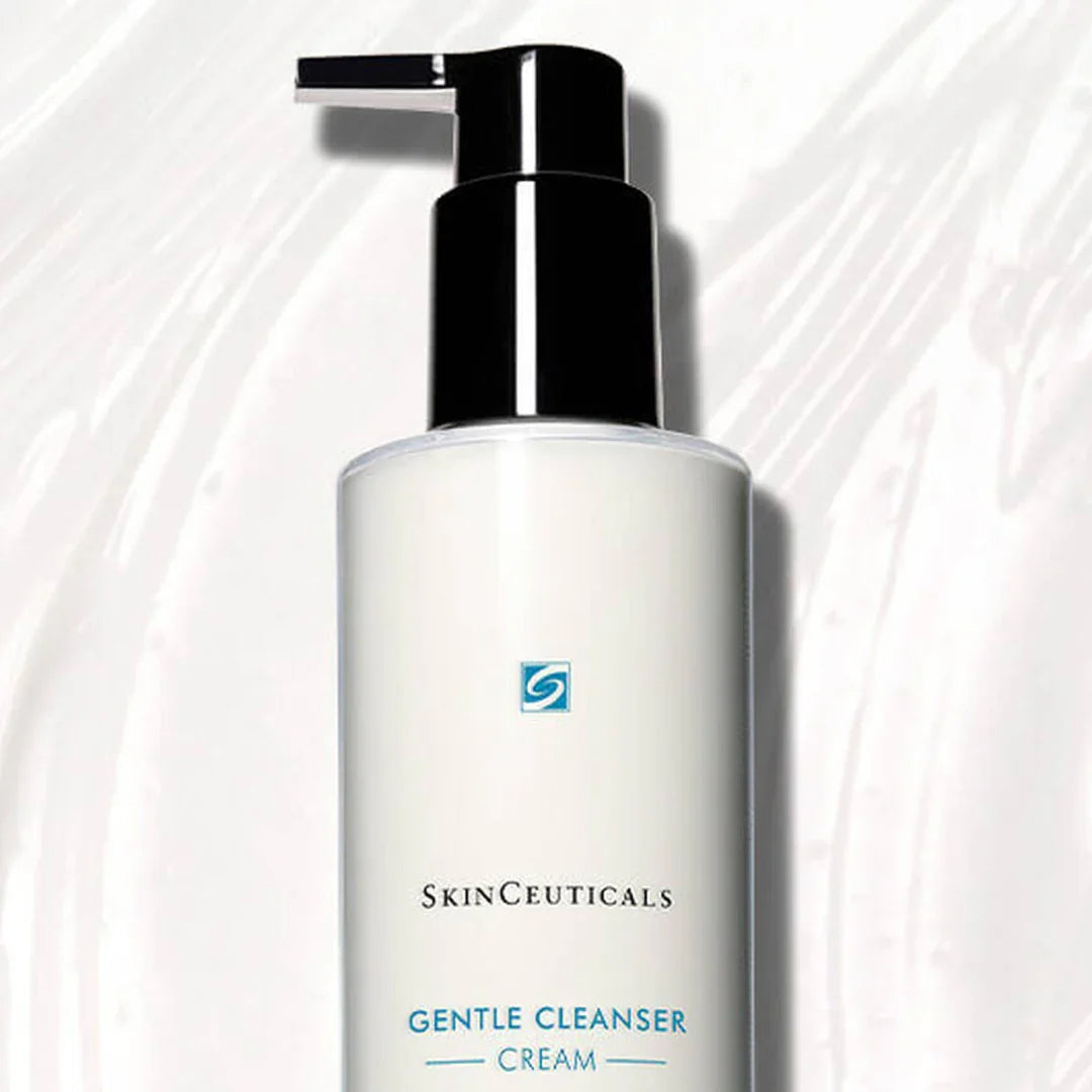 SkinCeuticals Gentle Cleanser Cream with black pump on white textured background