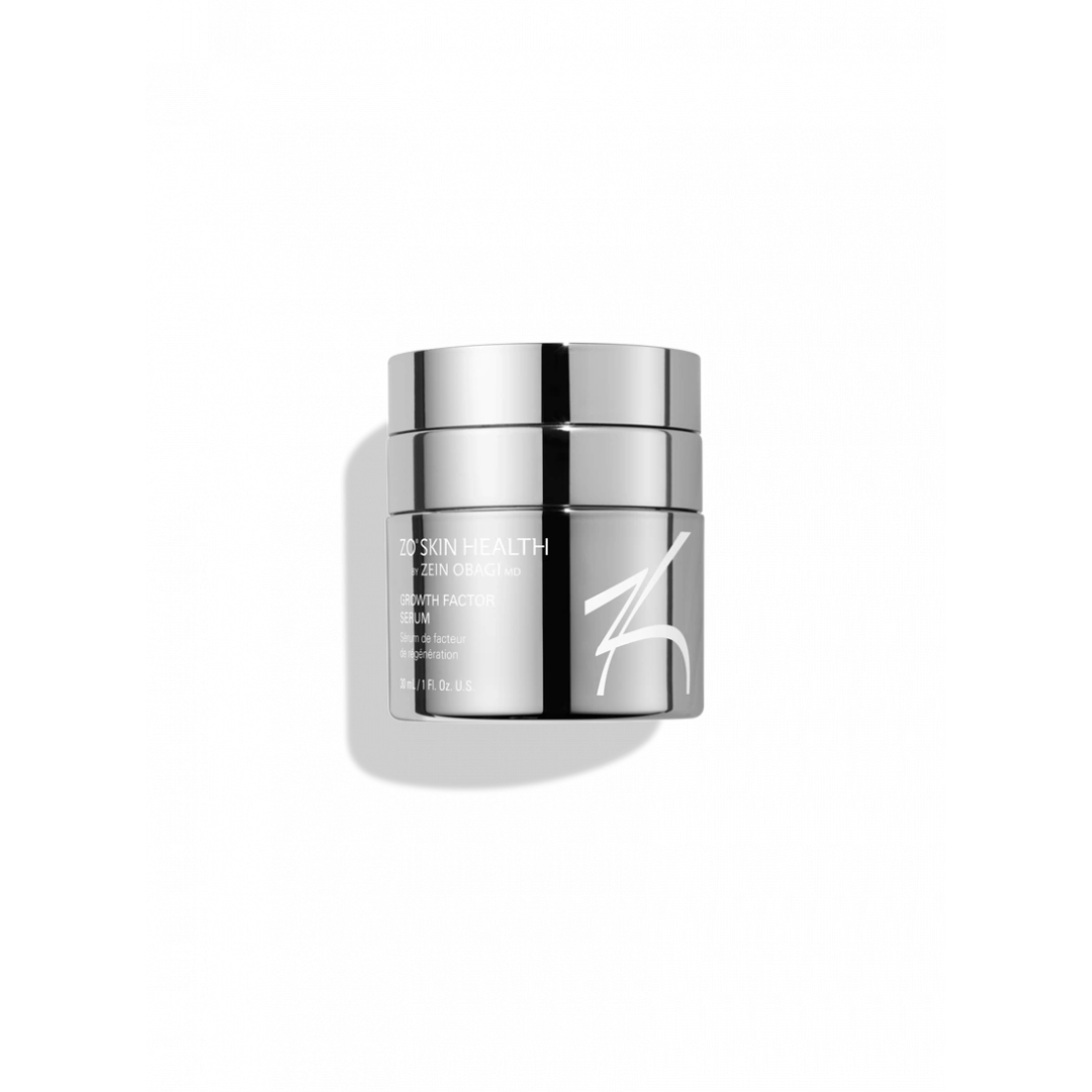ZO Skin Health Growth Factor Serum in reflective silver jar with shadow on white background
