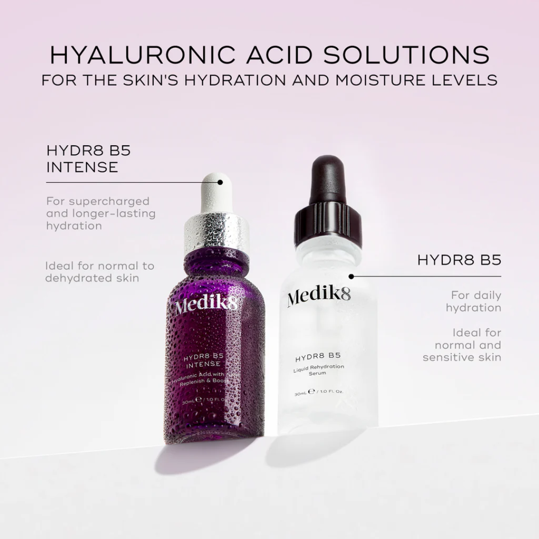 Medik8 Hydr8 B5 Intense and Hydr8 B5 serum bottles for skin hydration, hyaluronic acid skincare
