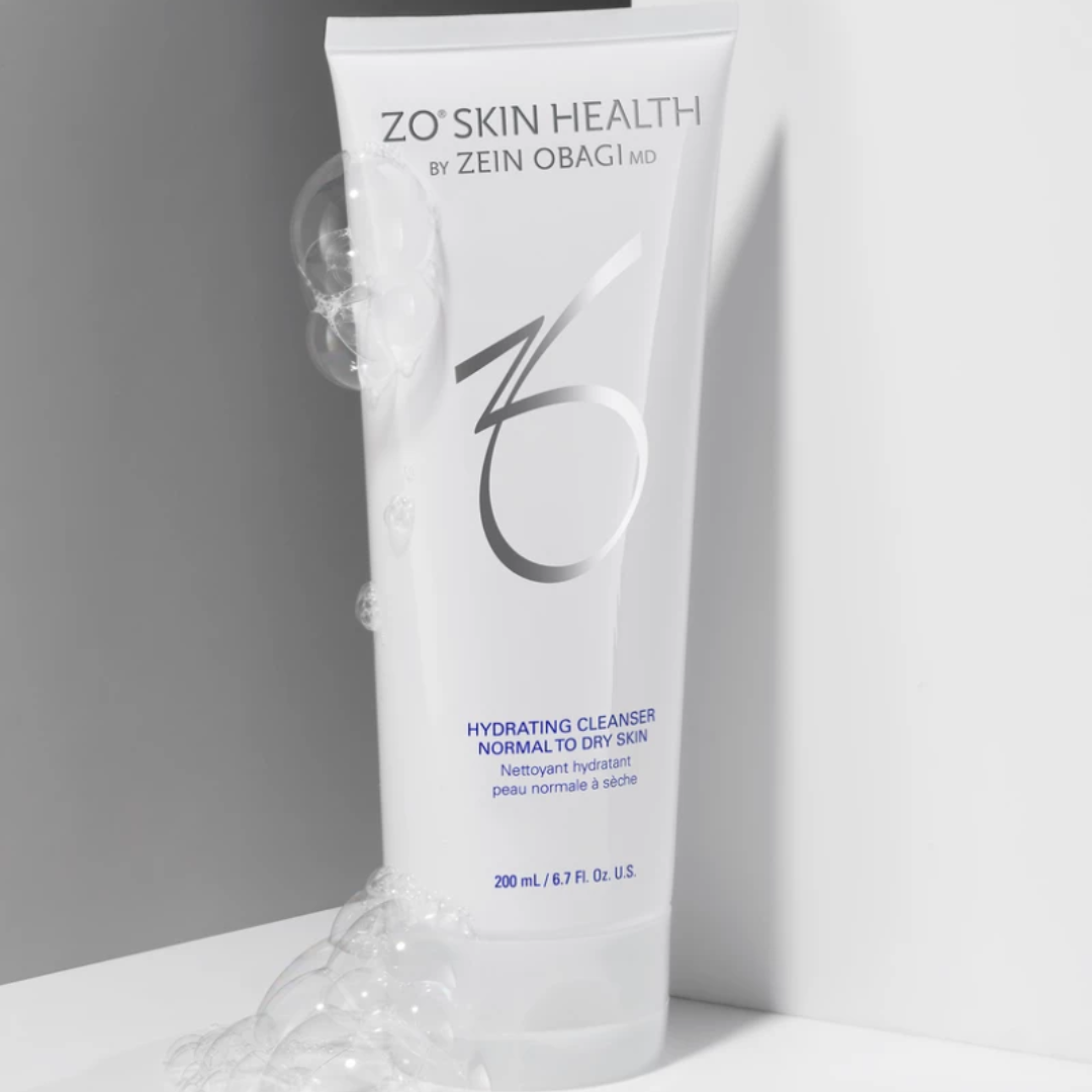 ZO Skin Health Hydrating Cleanser for normal to dry skin in white tube with foam bubbles