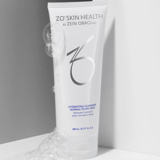 ZO Skin Health Hydrating Cleanser for normal to dry skin in white tube with foam bubbles