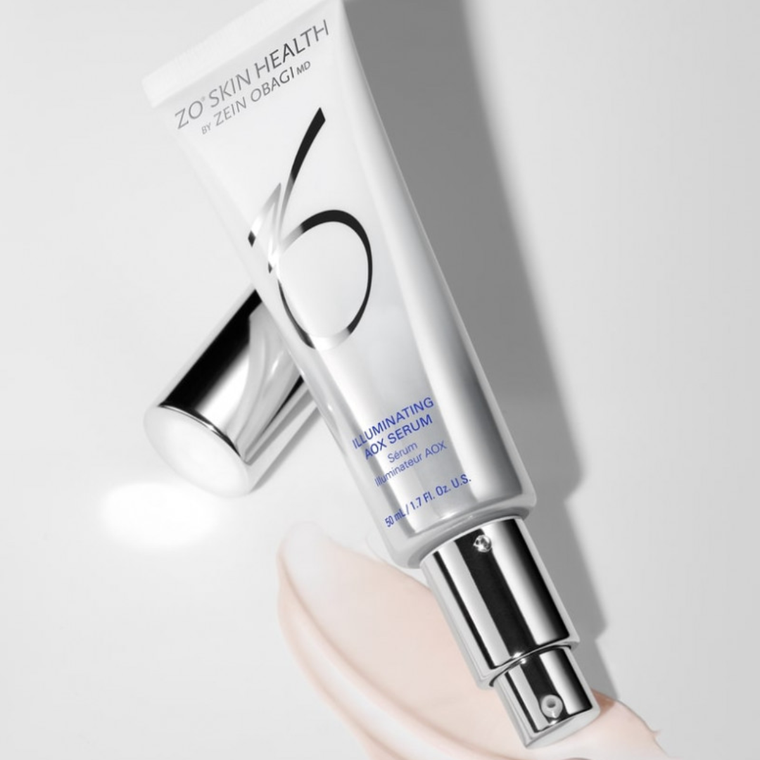 ZO Skin Health Illuminating AOX Serum tube with silver pump and cap on white background