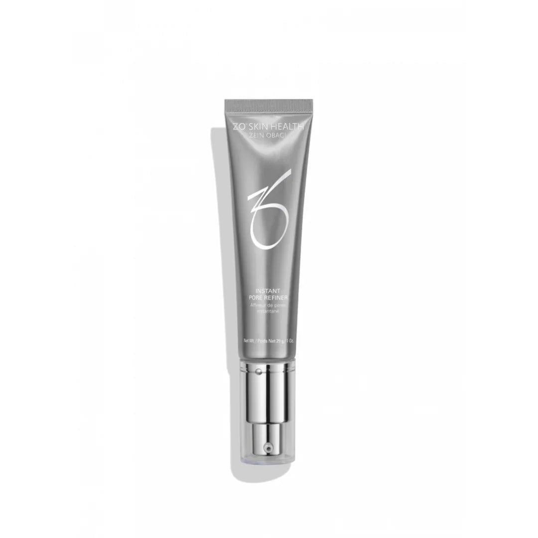 Silver tube of ZO Skin Health Instant Pore Refiner skincare product with pump dispenser