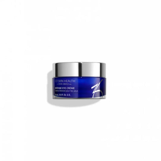 ZO Skin Health Intense Eye Crème blue jar with silver lid on white background