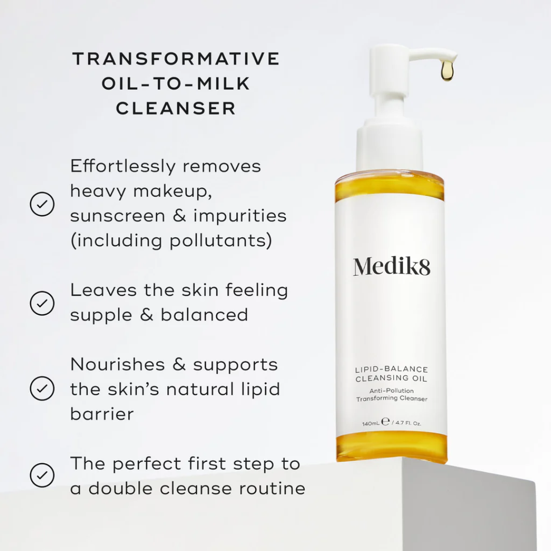 Medik8 Lipid-Balance Cleansing Oil product bottle with oil-to-milk cleanser benefits listed.