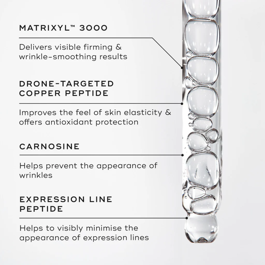 Dropper with clear liquid and bubbles, skincare peptide benefits listed beside it.