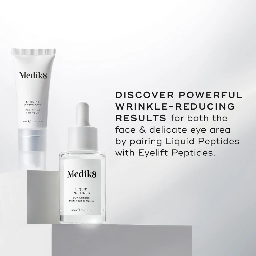 Medik8 Liquid Peptides serum and Eyelift Peptides gel for wrinkle reduction.
