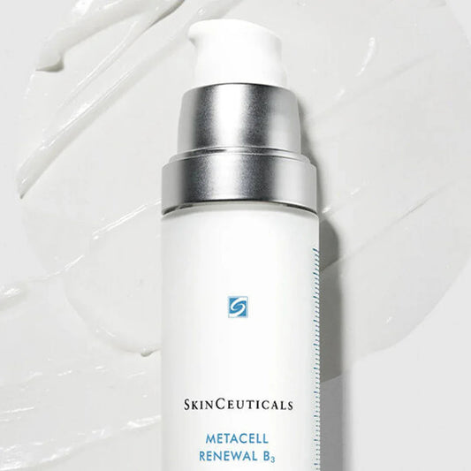 SkinCeuticals Metacell Renewal B3 skincare serum bottle with silver pump on white cream background