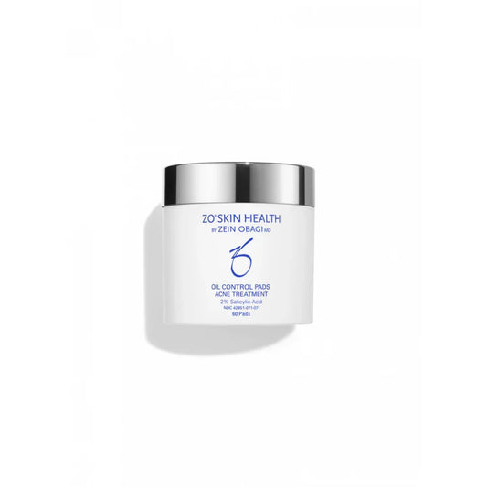Container of ZO Skin Health Oil Control Pads acne treatment with 2% salicylic acid on white background