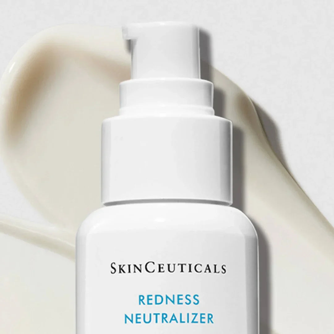 SkinCeuticals Redness Neutralizer white pump bottle on beige cream background