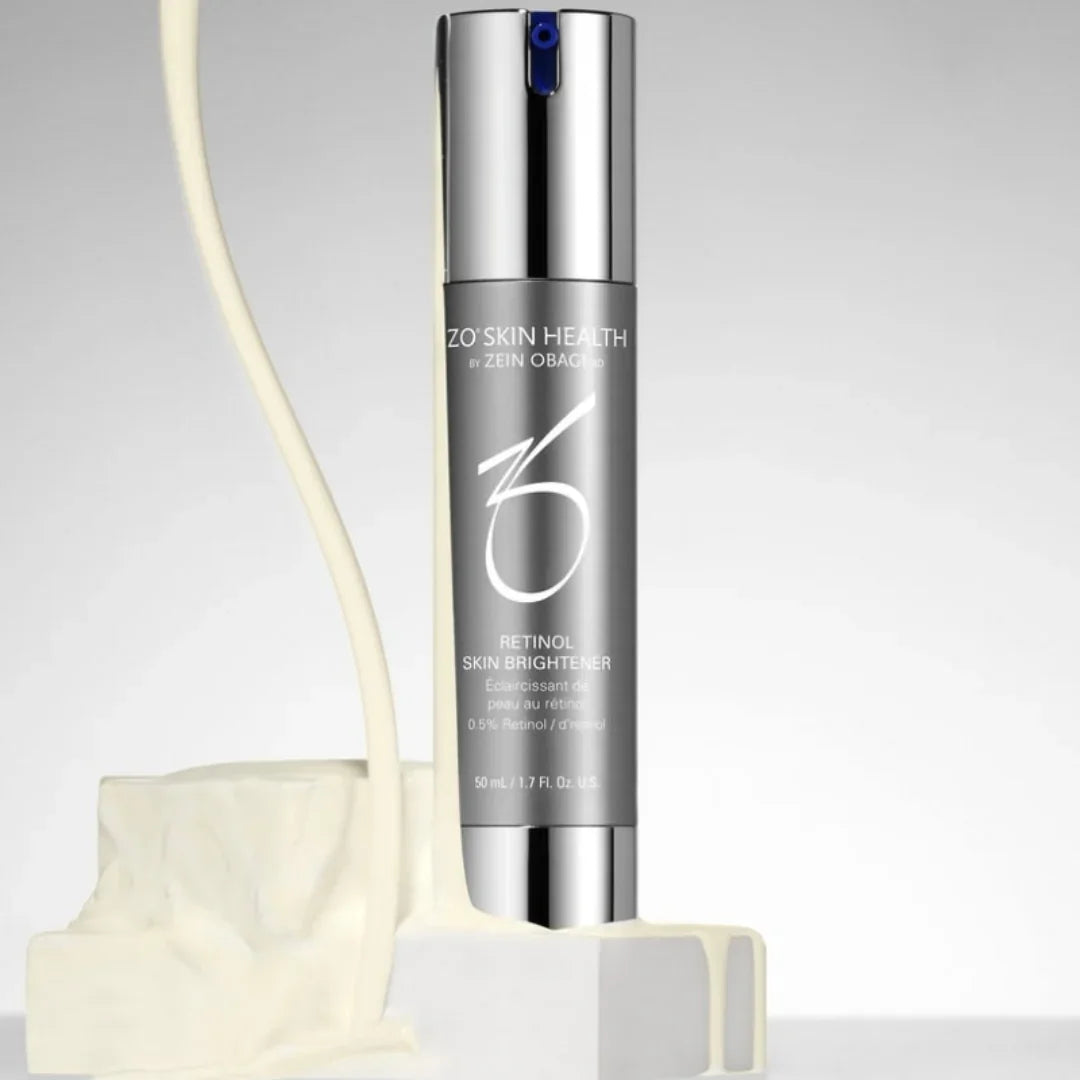 ZO Skin Health Retinol Skin Brightener 0.5 serum bottle with cream on white block