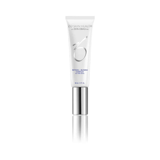 ZO Skin Health Retinol + Blemish Complex tube with silver cap, skincare product on white background