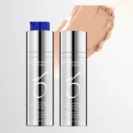 Two silver bottles of ZO Skin Health Skin Primer Broad Spectrum SPF30 with beige cream swatch background