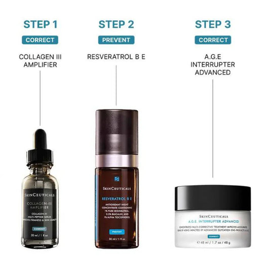 SkinCeuticals Collagen-III Amplifier, Resveratrol B E antioxidant serum, and A.G.E. Interrupter Advanced anti-aging cream