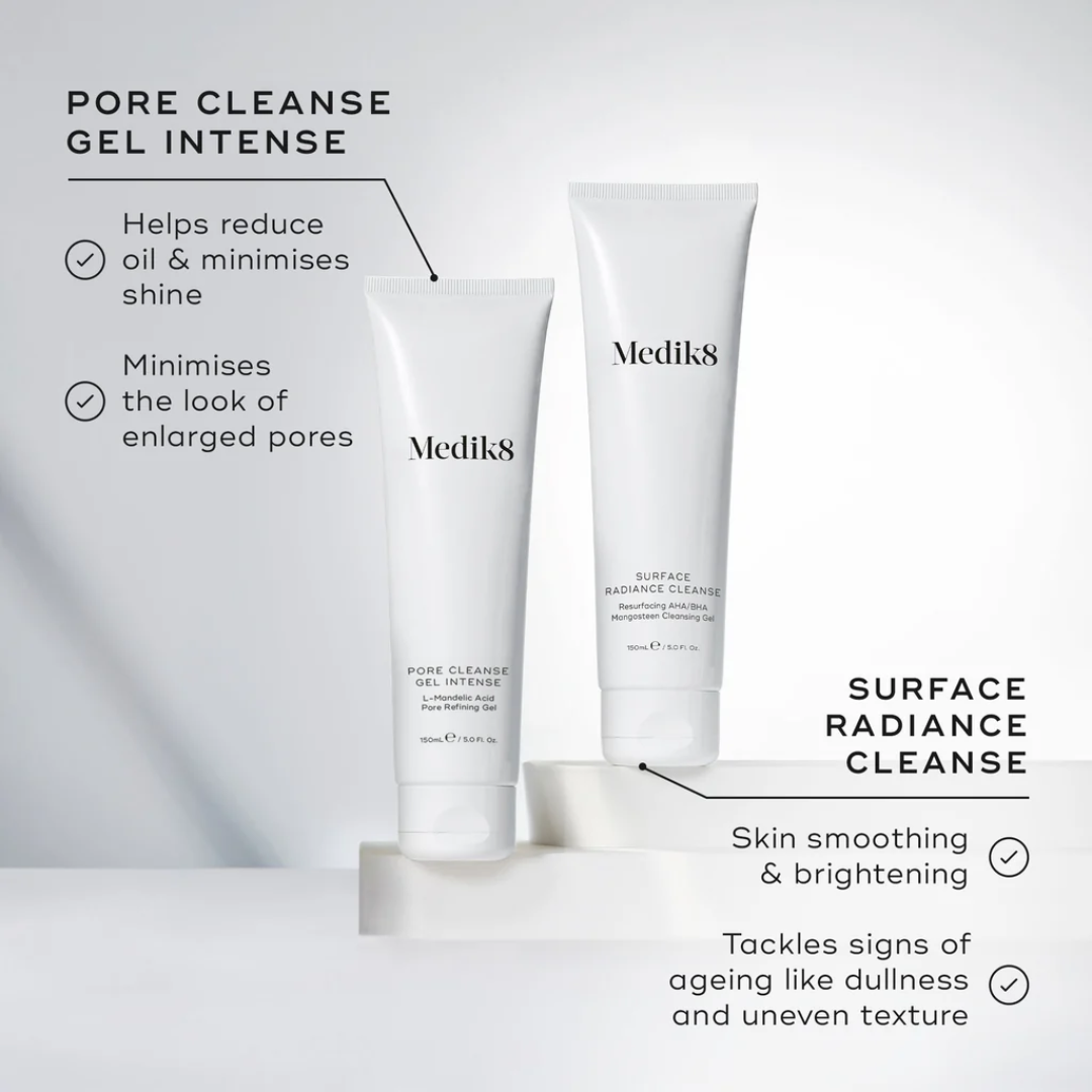 Medik8 Surface Radiance Cleanse and Pore Cleanse Gel Intense tubes for smoothing and refining skin