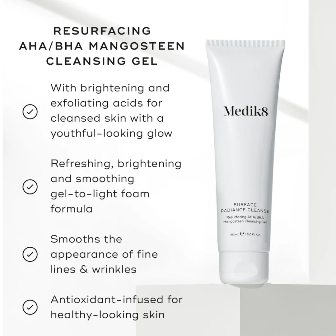 Medik8 Surface Radiance Cleanse tube with AHA/BHA mangosteen exfoliating cleansing gel benefits.