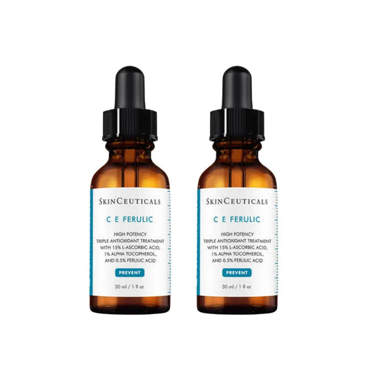 Two amber dropper bottles of SkinCeuticals C E Ferulic high potency antioxidant serum