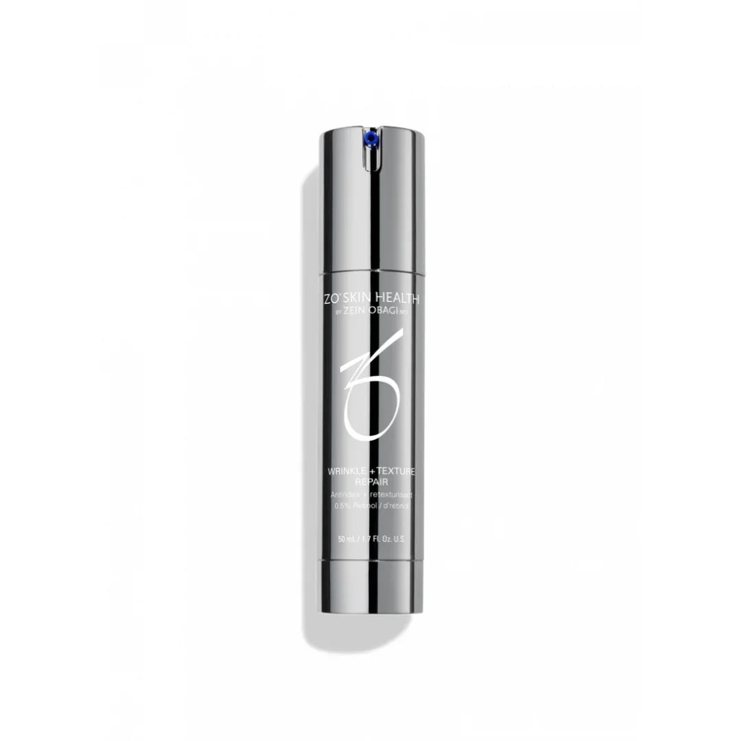 Silver bottle of ZO Skin Health Wrinkle + Texture Repair 0.5% retinol serum on white background