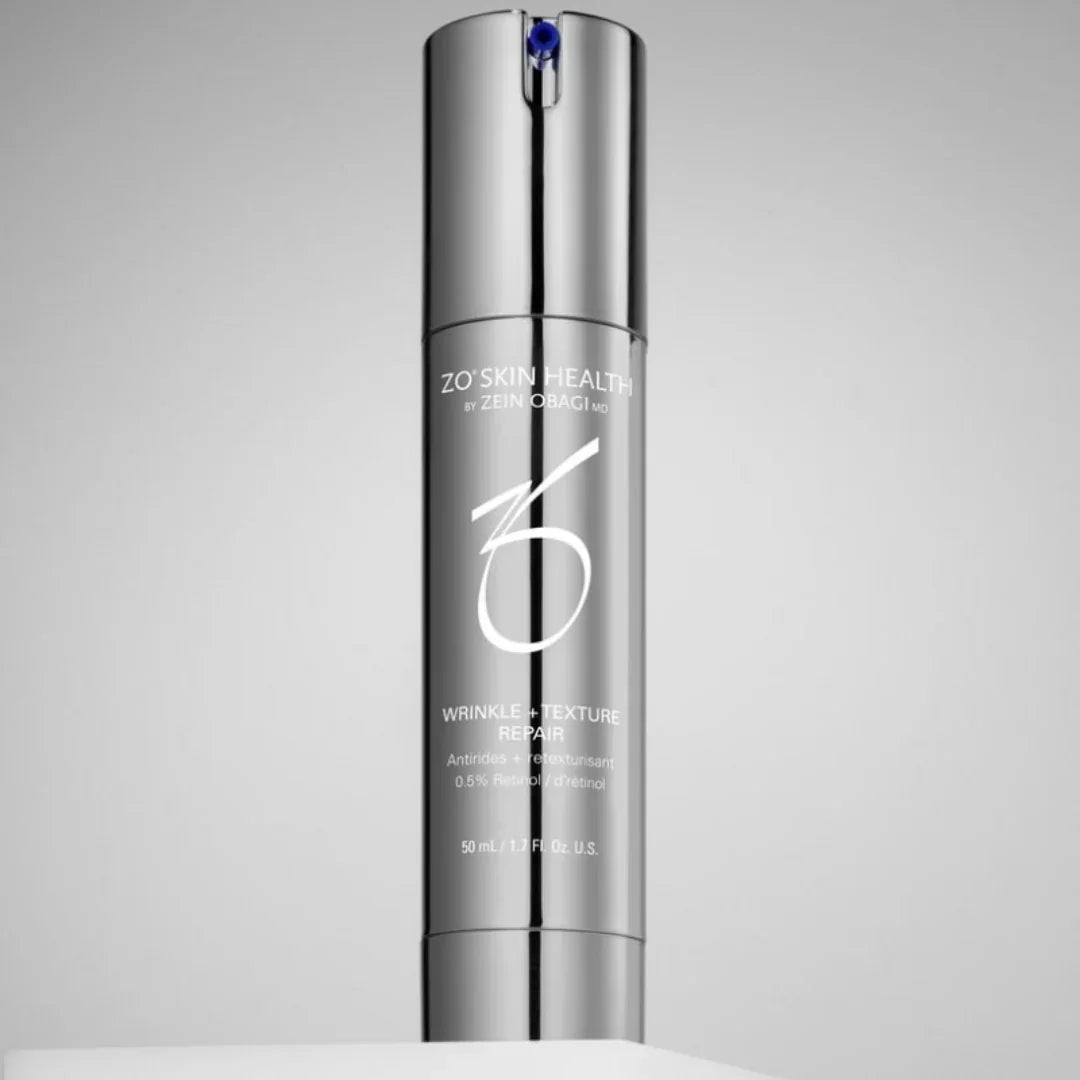 ZO Skin Health Wrinkle + Texture Repair serum bottle with 0.5% Retinol on gray background